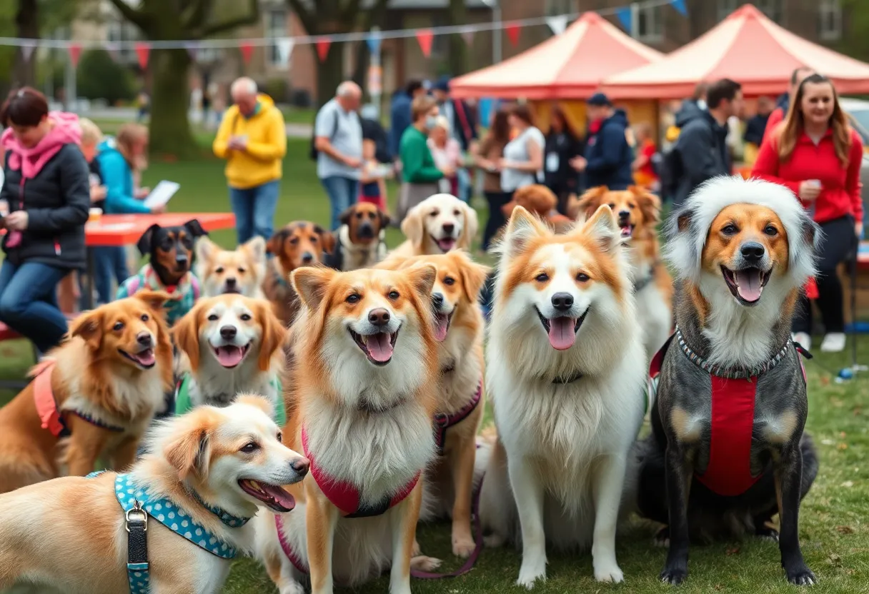 Dogs in costumes enjoying a festival atmosphere