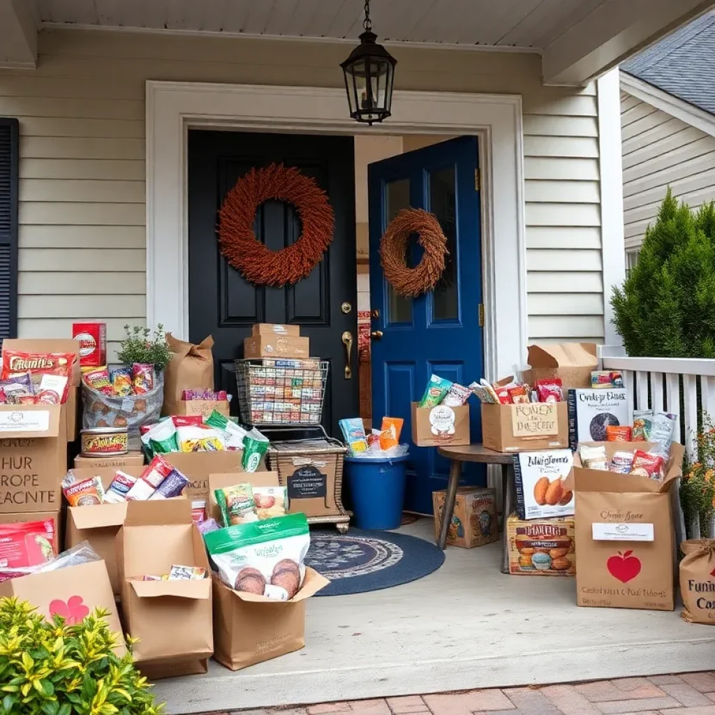 Porch in Chattanooga with food donations for local families