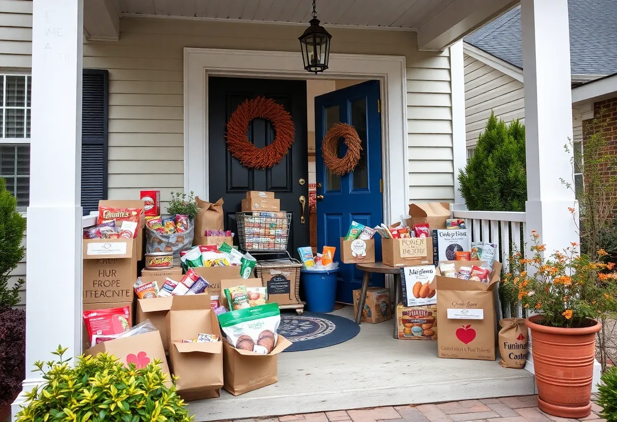 Porch in Chattanooga with food donations for local families