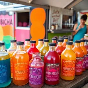 Vibrant scene of a kombucha market with colorful flavors and a tap trailer