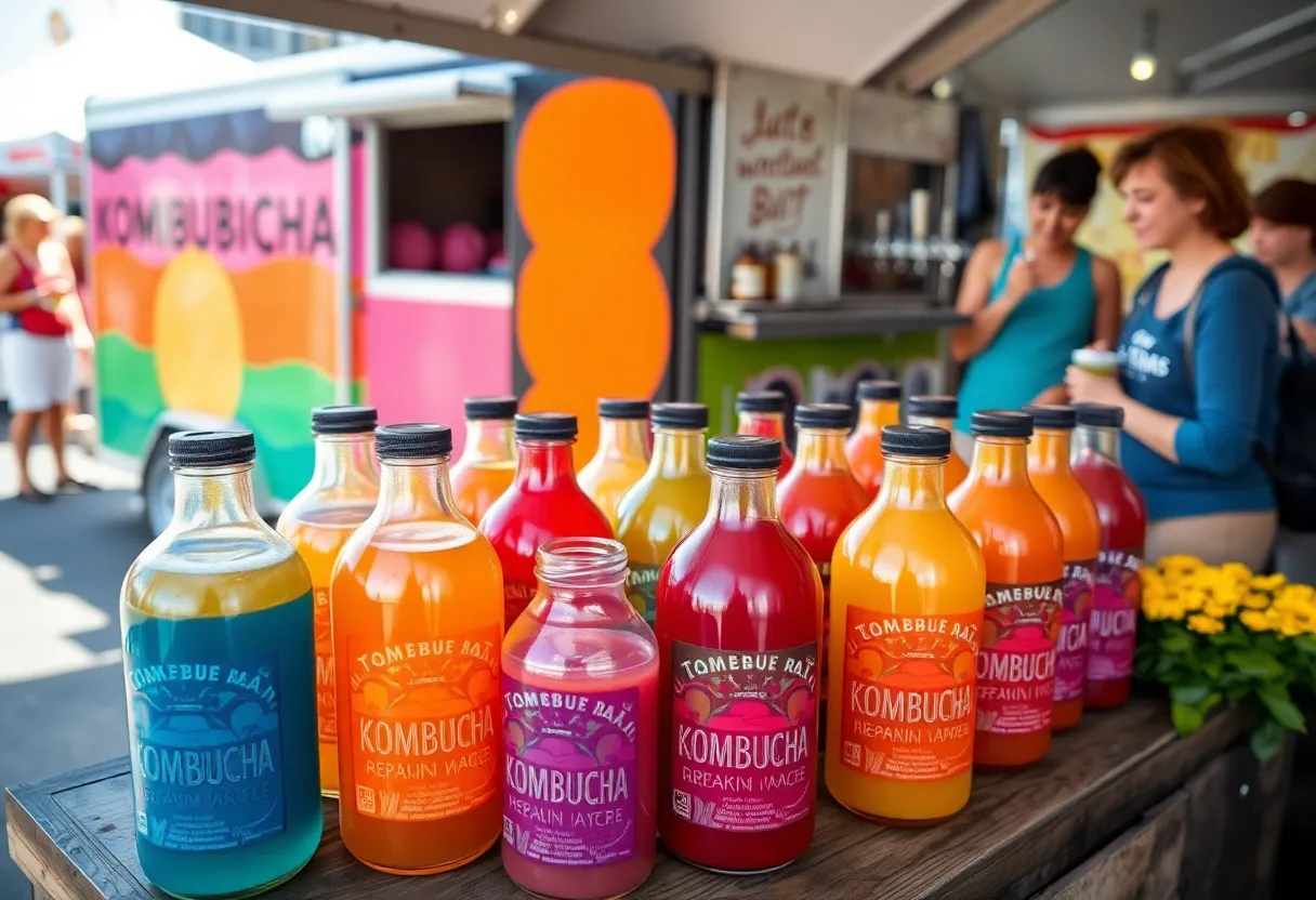 Vibrant scene of a kombucha market with colorful flavors and a tap trailer