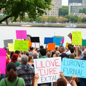 Protesters holding signs at Chattanooga's riverfront