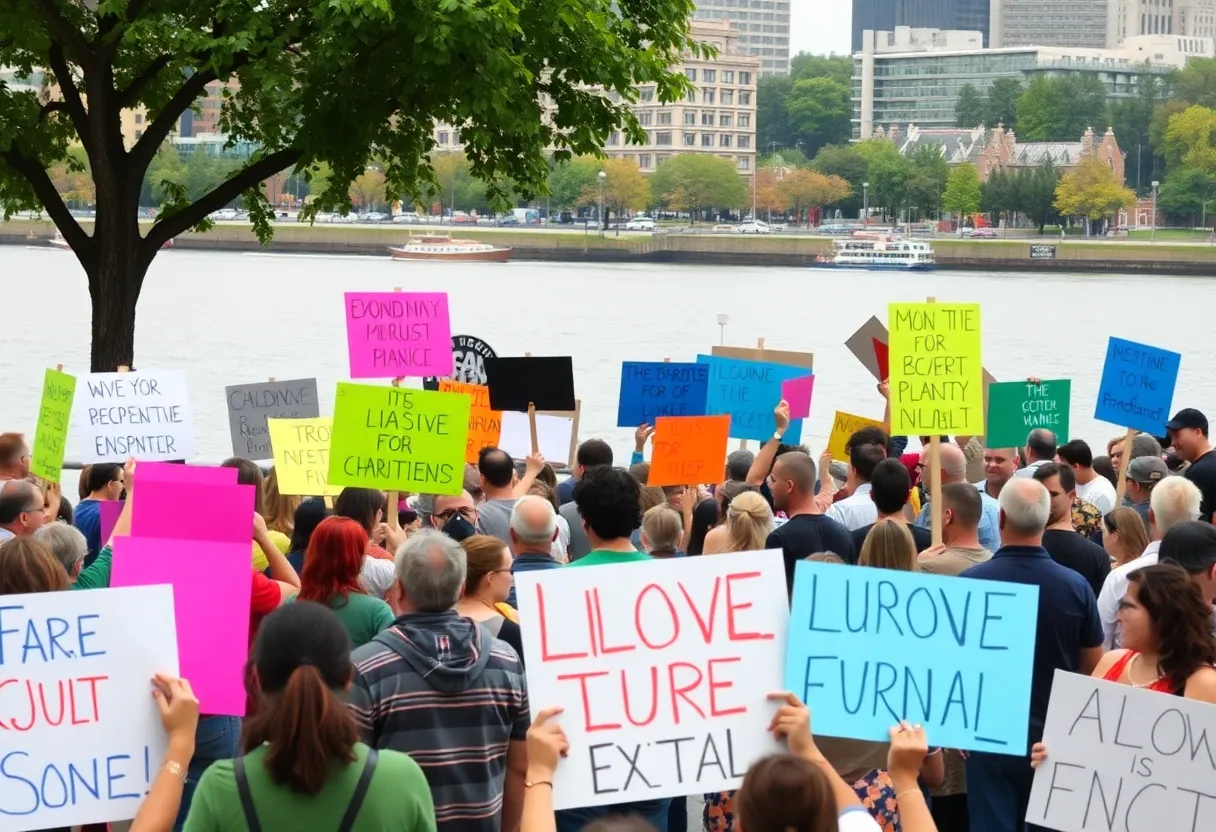 Protesters holding signs at Chattanooga's riverfront