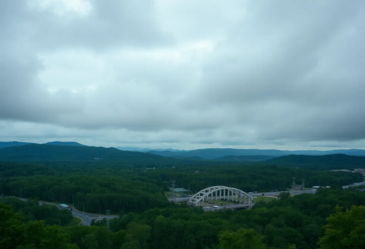 A panoramic view of Chattanooga after a heavy rainfall, with greenery and a dramatic sky.