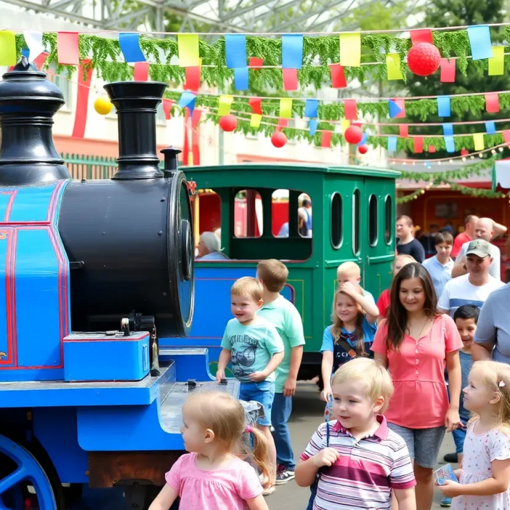 Families celebrating Thomas the Tank Engine's 80th birthday at the Tennessee Valley Railroad Museum.