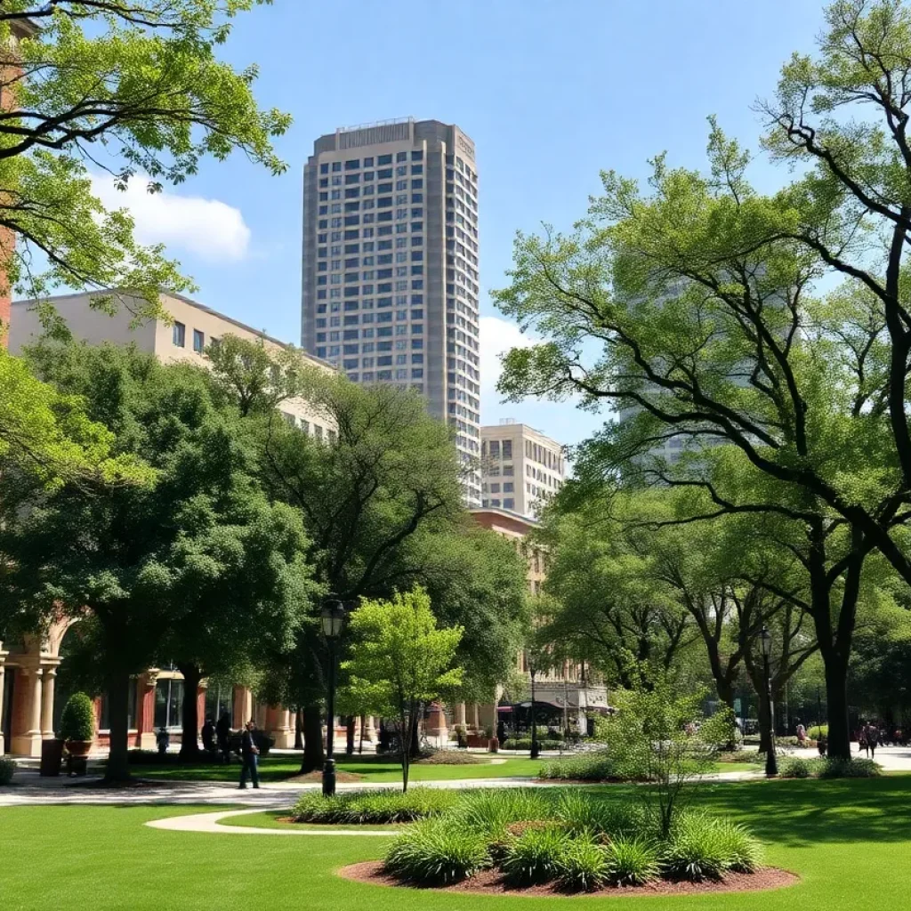 A thriving urban area in Chattanooga with ample trees and greenery