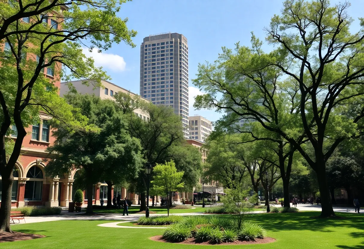 A thriving urban area in Chattanooga with ample trees and greenery