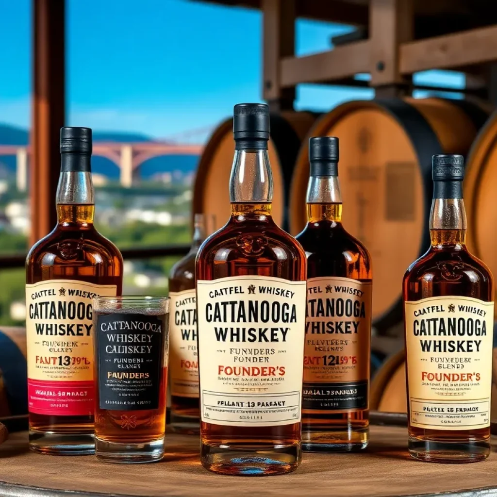 Display of Chattanooga Whiskey Founder's 13th Anniversary Blend and oak barrels