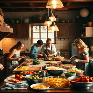 Bustling kitchen representing love for cooking and family warmth.