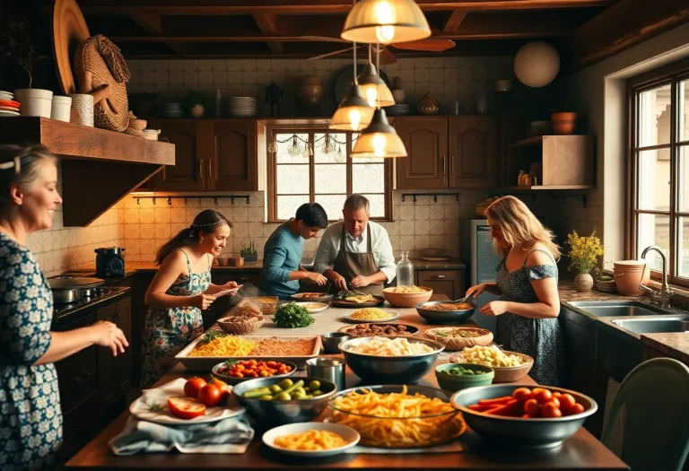 Bustling kitchen representing love for cooking and family warmth.
