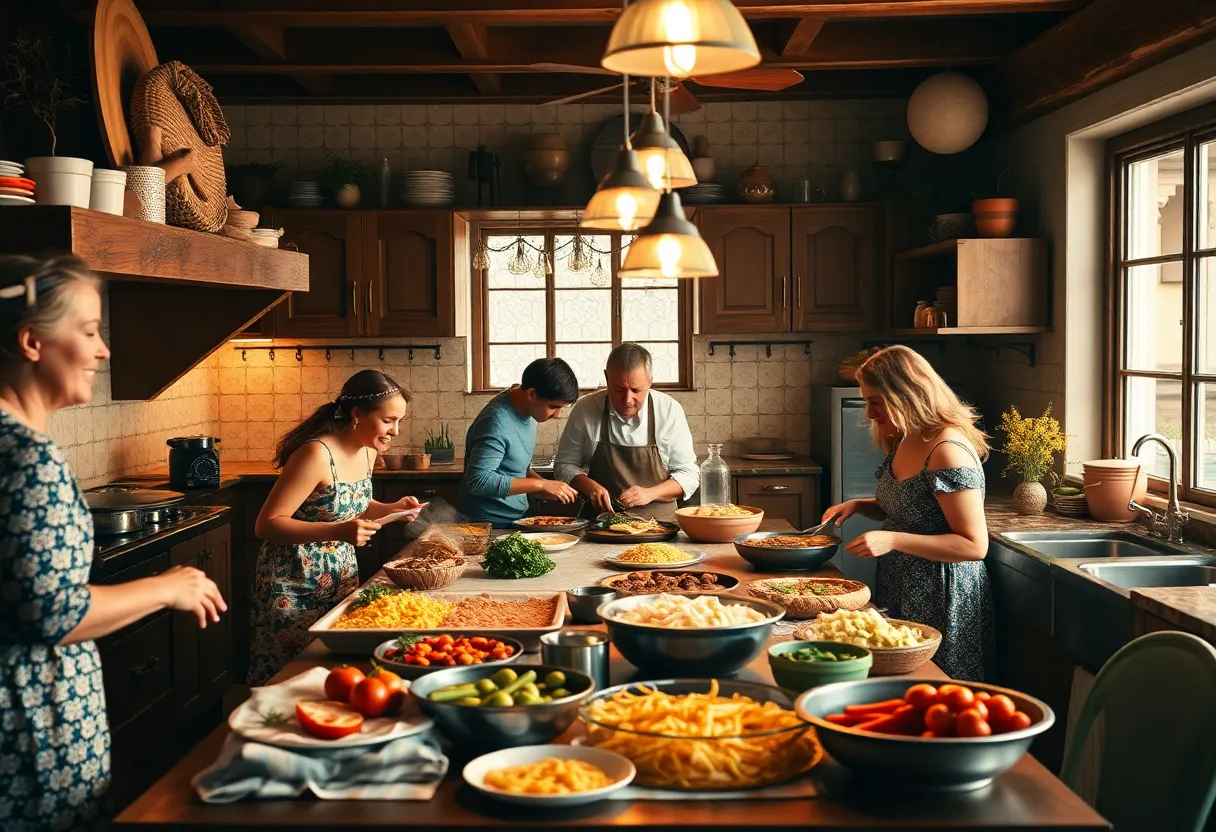 Bustling kitchen representing love for cooking and family warmth.