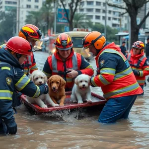 Emergency responders rescuing individuals and dogs during a flood in Chattanooga