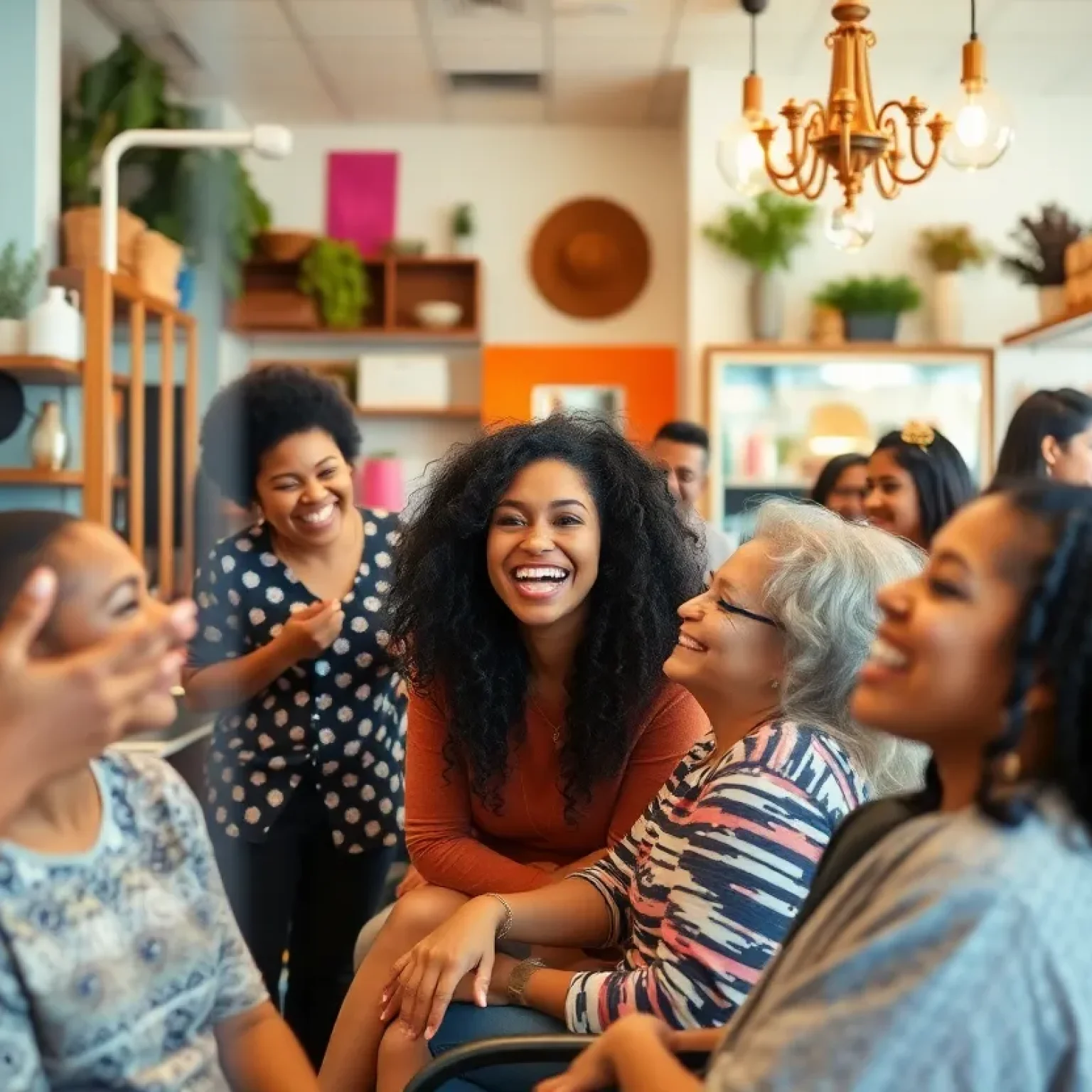 A lively beauty shop with diverse customers enjoying their time.