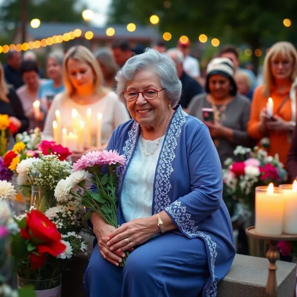 A community honoring a beloved matriarch with flowers and candles