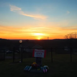 Memorial for beloved community member Angie Marie Long Fagan with flowers and a sunset