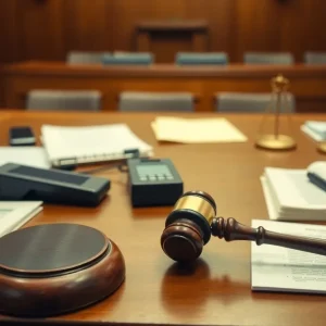 Tension in a courtroom setting with legal documents and a gavel