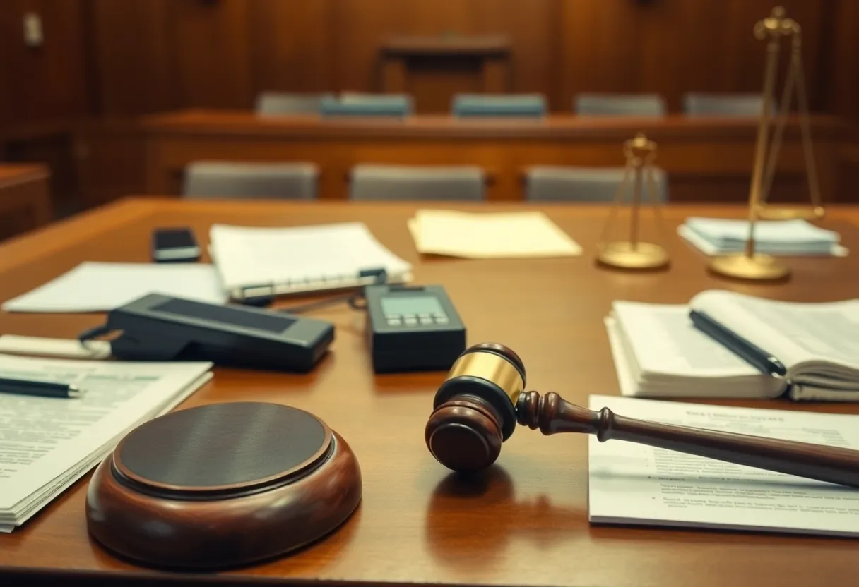 Tension in a courtroom setting with legal documents and a gavel