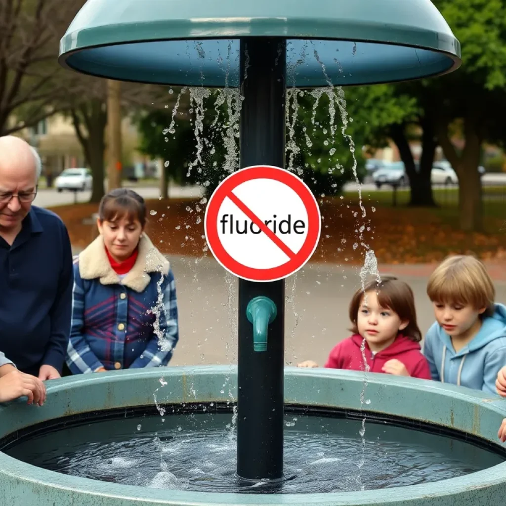 Community water fountain with a sign about fluoride debate