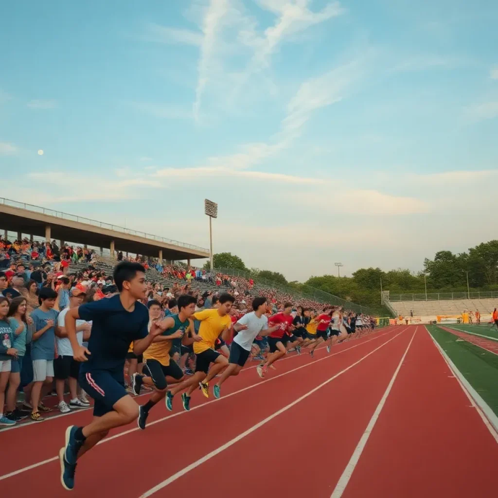 Young athletes competing in a track and field championship under a full moon sky.