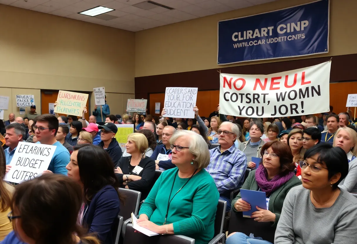 Parents and community members rally at a school board meeting regarding budget cuts