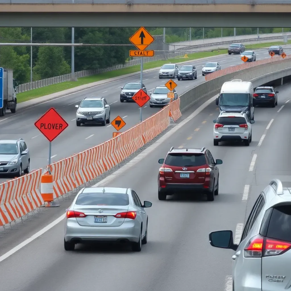 Traffic navigating around lane closures at the I-75/I-24 interchange
