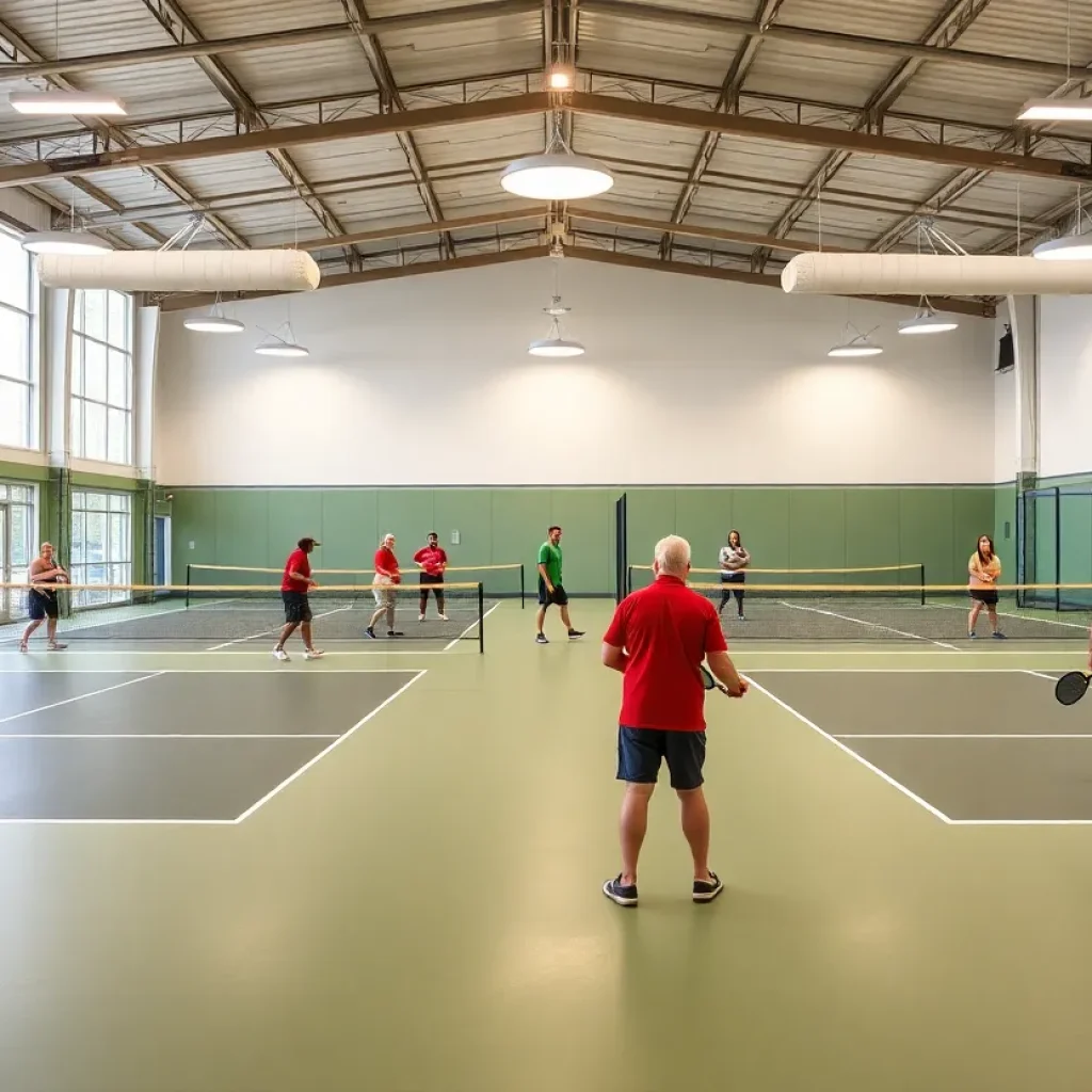 Indoor pickleball facility with players on the courts