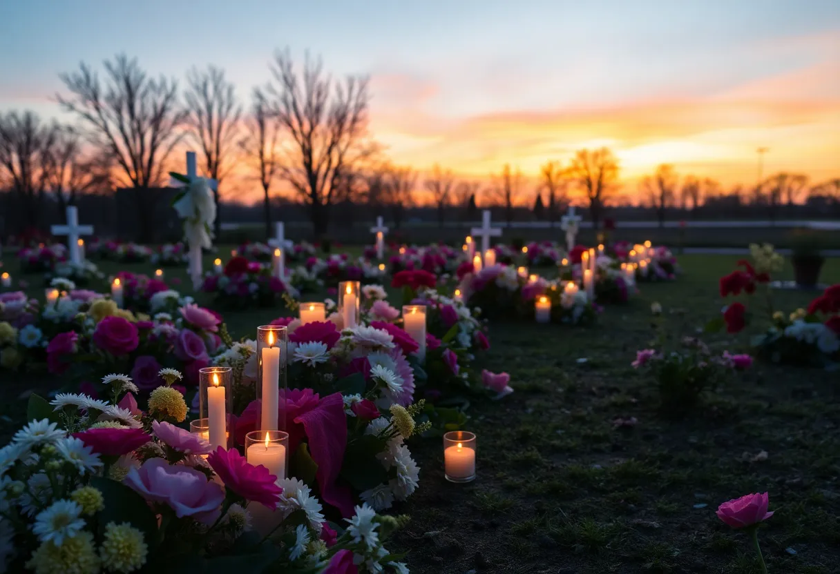 Serene memorial garden with flowers and candles