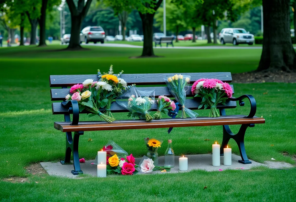 A peaceful memorial setup in a park with flowers and candles