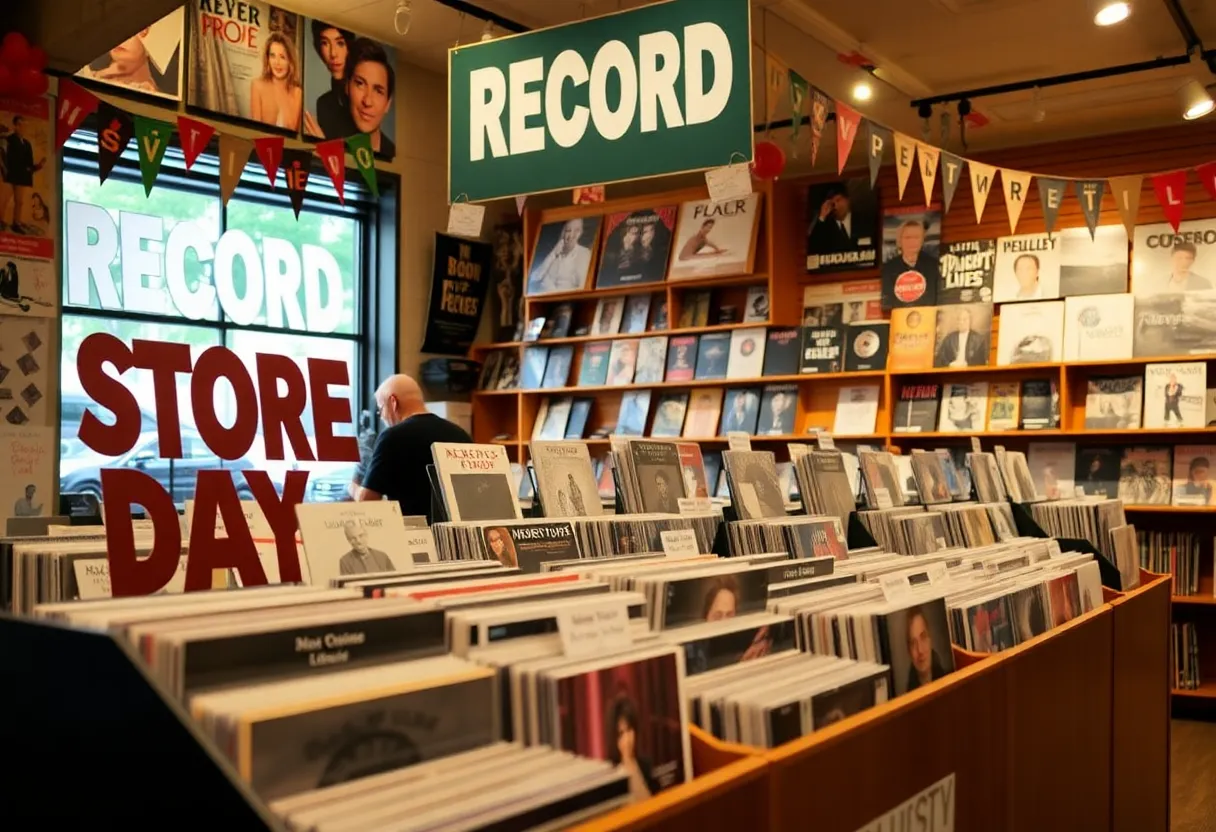 A vibrant display of vinyl records at a record store during Record Store Day.