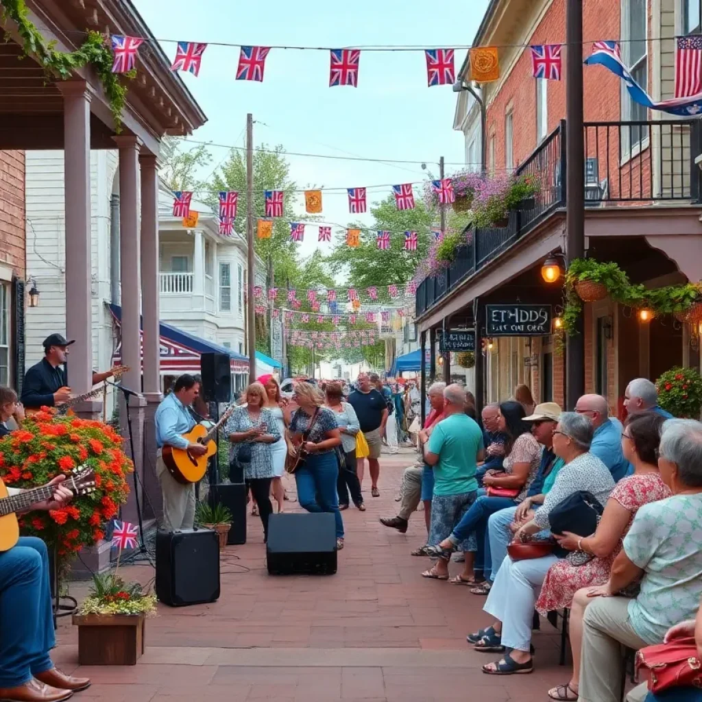 A lively outdoor music festival scene in St. Elmo with performers and local neighbors.