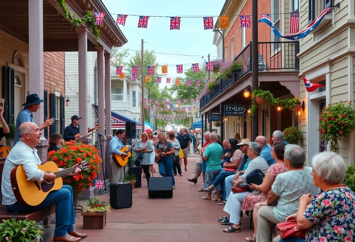 A lively outdoor music festival scene in St. Elmo with performers and local neighbors.