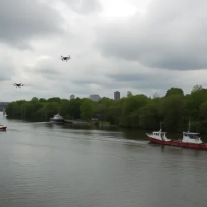 Rescue operations on the Tennessee River with search teams and drones.