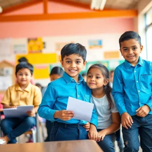 Students happily participating in a classroom activity at school.